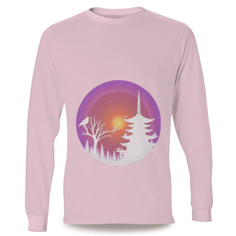 T-Shirt Printing: Serene Pagoda Sunset - Artistic Design|Traditional Japanese pagoda