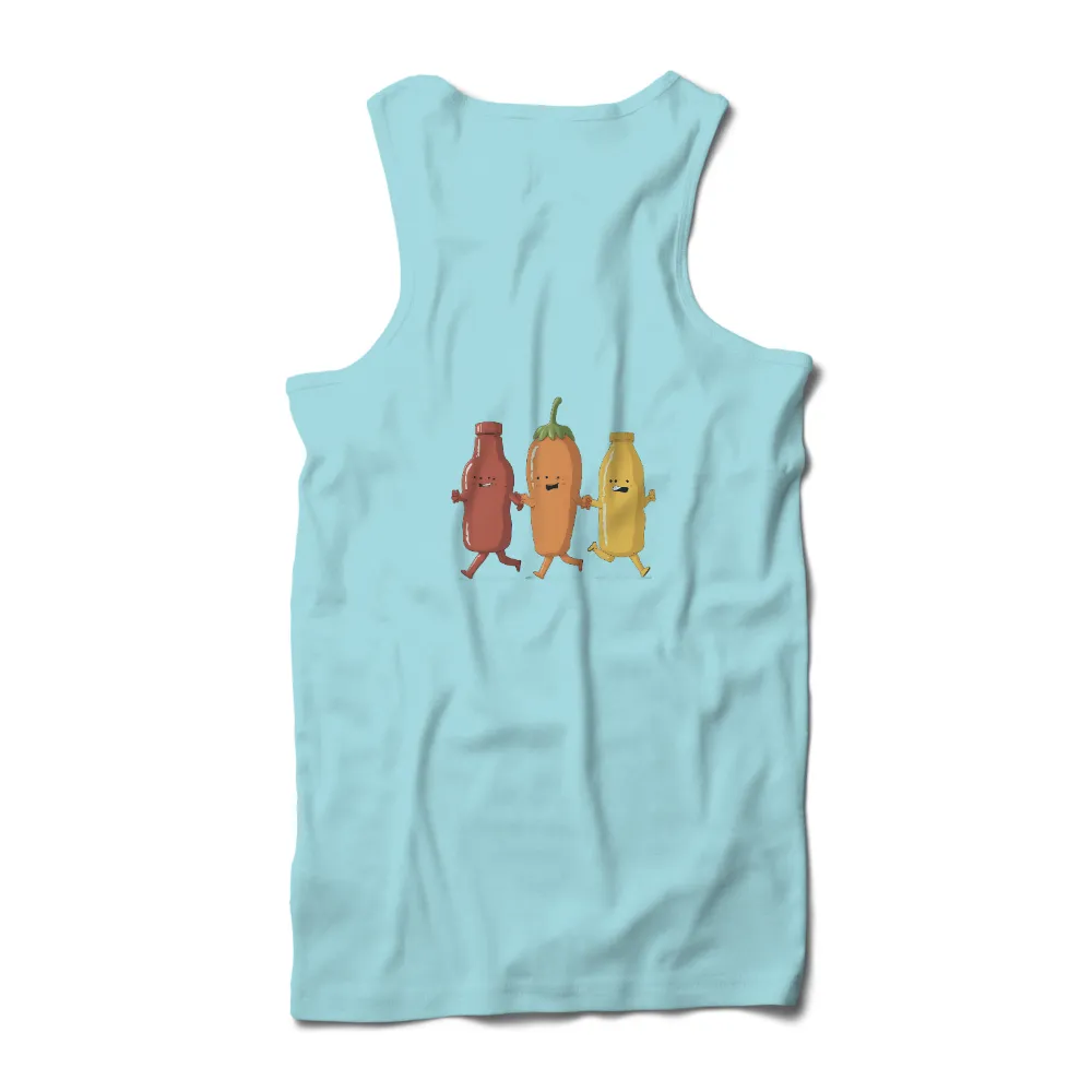 T-Shirts Custom: Ketchup, Chili Pepper, and Mustard Friends| cartoon kitchen scene