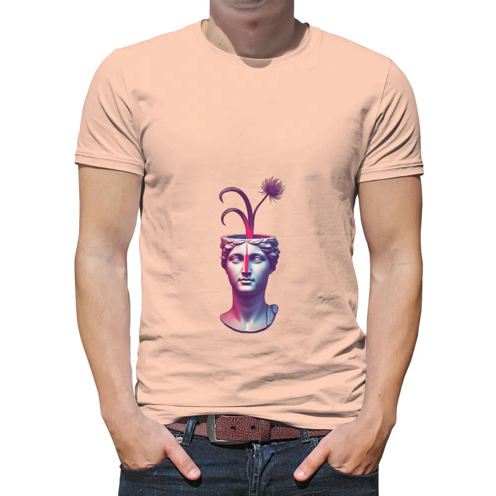 Graphic Tees: Ancient Meets Modern - Creativity Blossoms|Statue head with a vibrant flower