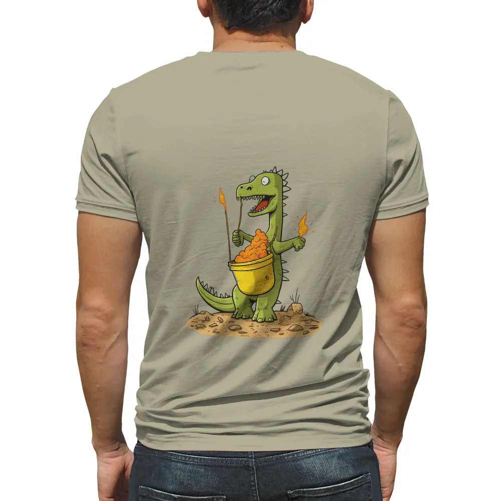 T-Shirts Custom: Playful Dino with Glowing Fire Bucket|roblox orange t shirt