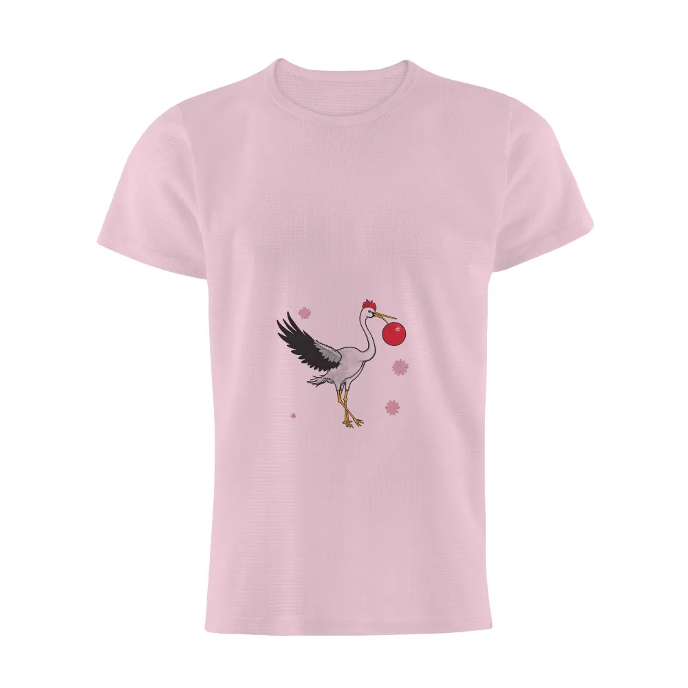 Tee Shirts Printed: Crane with Cherry Blossoms - Artistic Design|cute spring shirts for women