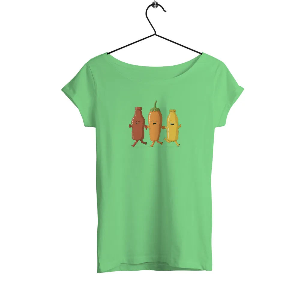 T-Shirts Custom: Ketchup, Chili Pepper, and Mustard Friends|Ketchup bottle cartoon character