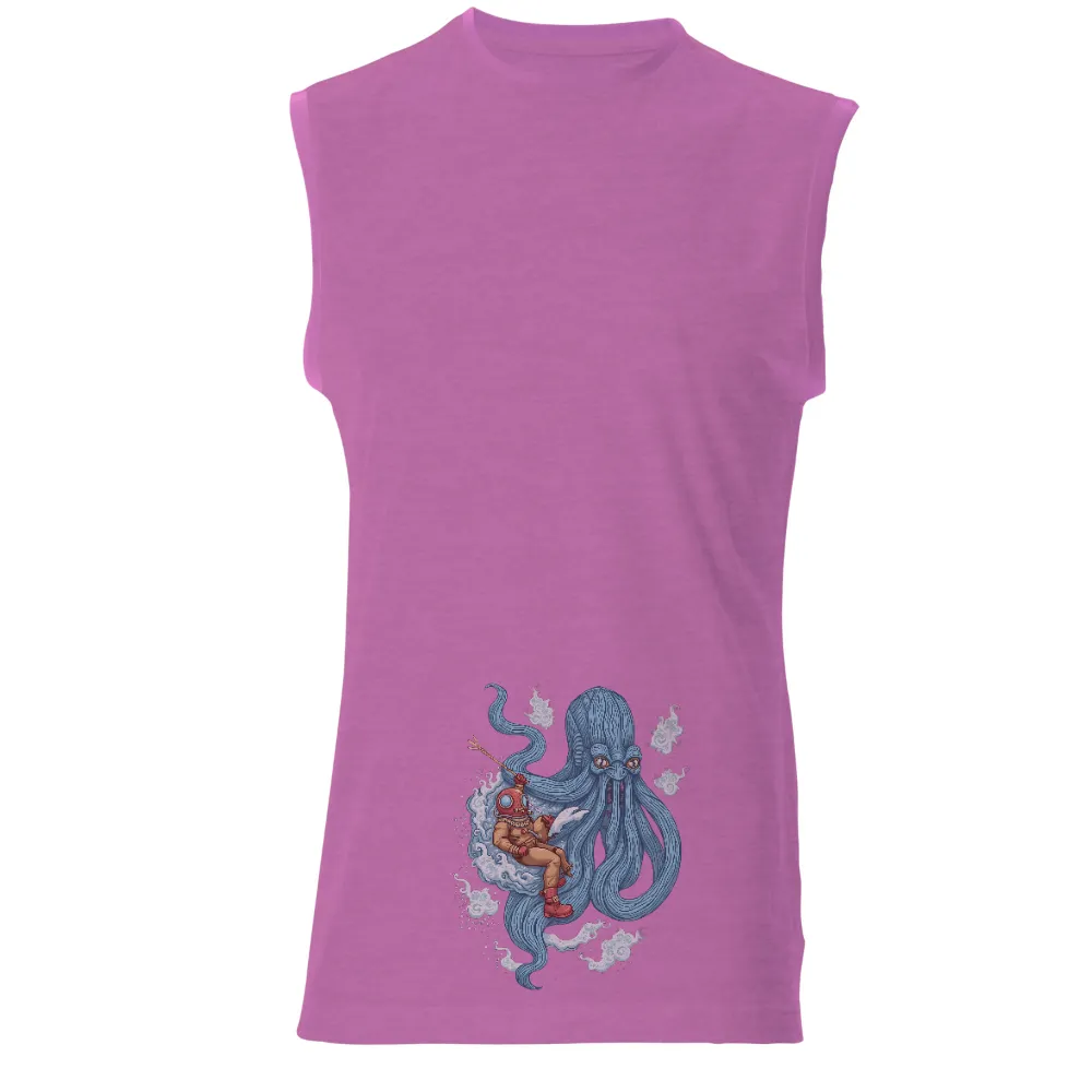 Shirts Graphic Tees: Deep Sea Adventure with Diver and Octopus|Deep sea diver riding a blue octopus