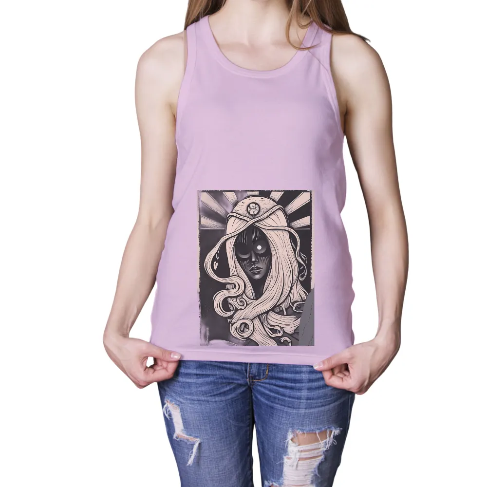 Customized Tee Shirts: Enigmatic Goddess in Modern Mythology| Dark background contrast