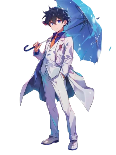 Tsukasa in a white suit with a blue umbrella - plastic memories tsukasa