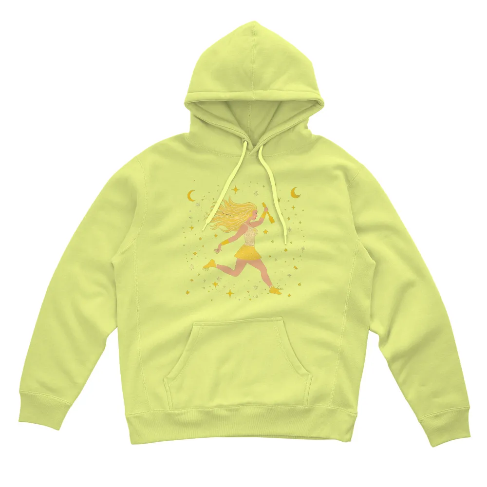 TShirt Printing: Celestial Dreams - Running Girl with Golden Batons|sunlight magic print shirt