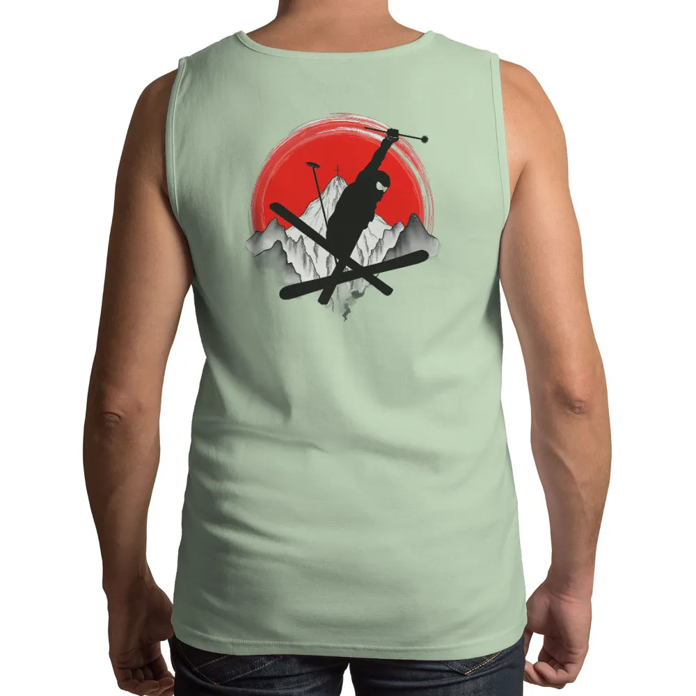 Customized Tee Shirts: Skiing Adventure with Cultural Touch| red circle background