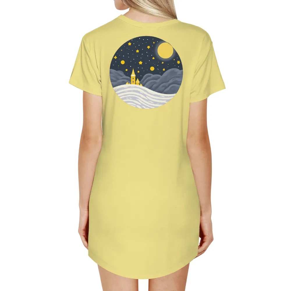 T-Shirts Design: Serene Winter Night Scene| Starry sky with a full moon