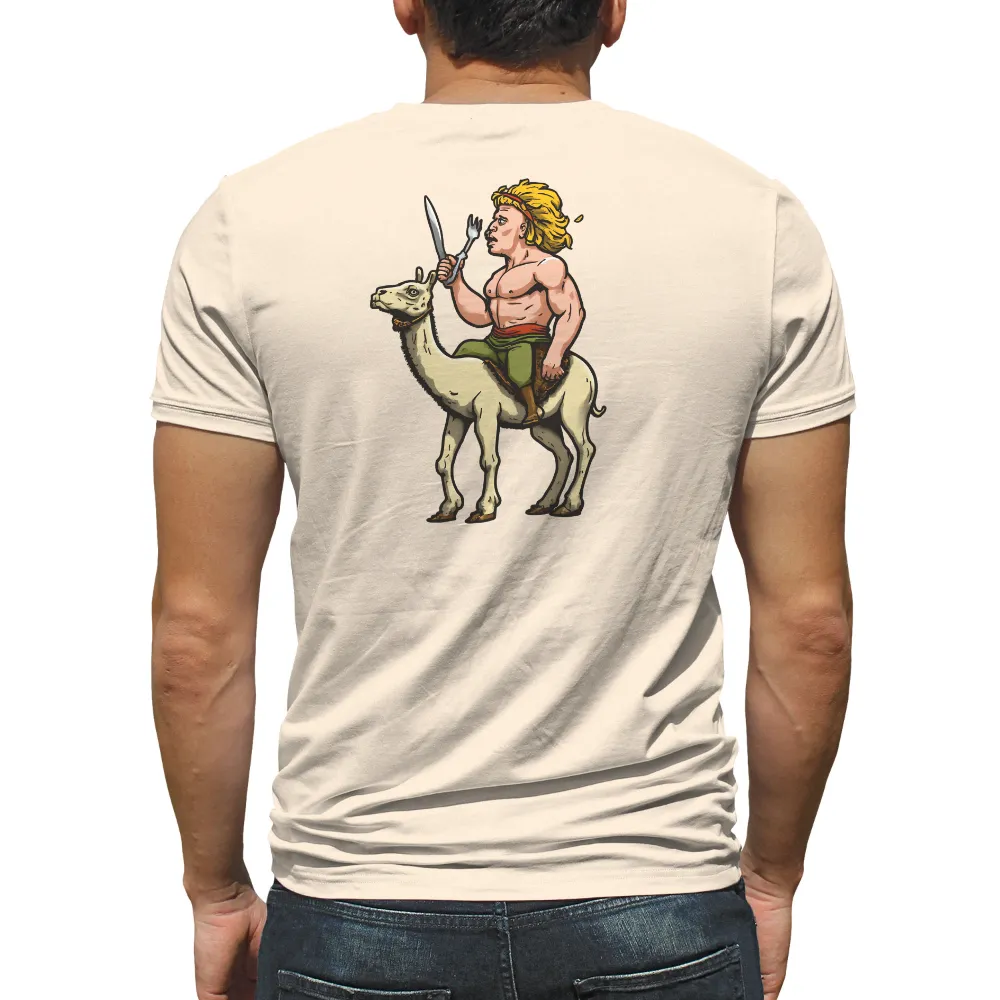 Customized Apparel: Muscular Man on Llama with Knife and Fork - Unique, Humorous Design|rolling stones men's retro 70's vibe vintage t shirt black