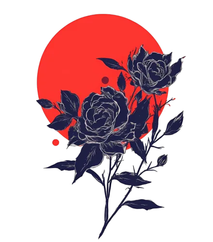 T-Shirts Pattern: Blue Roses and Red Sun - Artistic Design