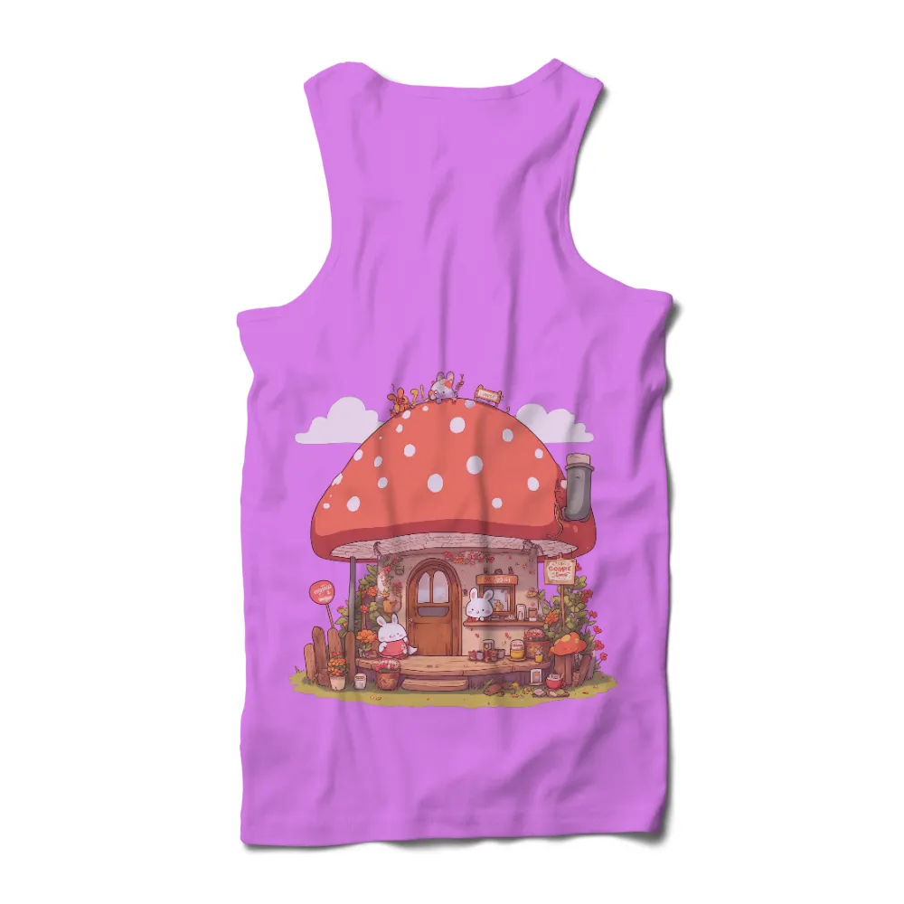 T-Shirts Design: Whimsical Mushroom House Café| colorful flowers