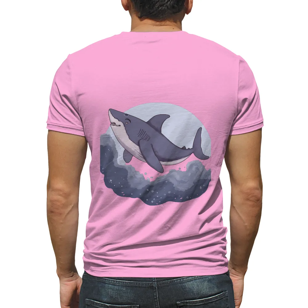 Tee Shirt Printing: Great White Shark Adventure Under the Moon|casual vintage sun moon t shirt