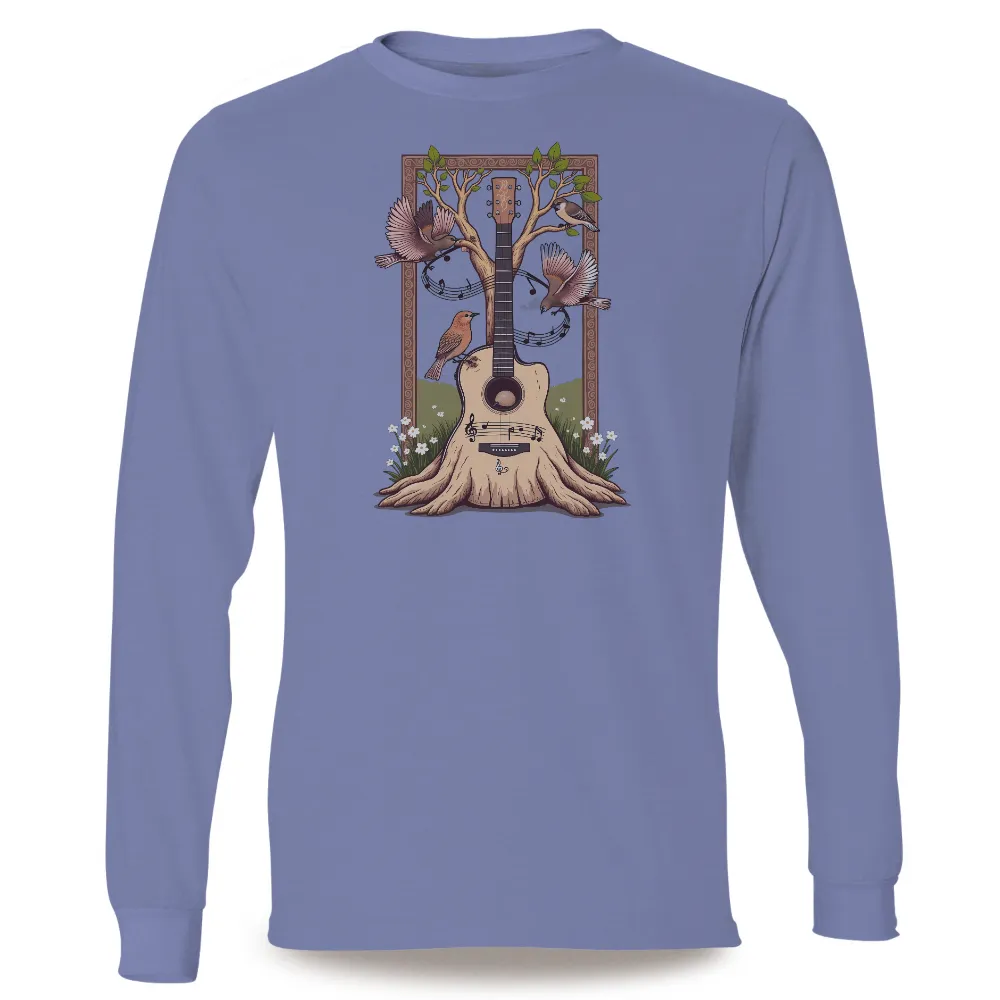 Customized Tee Shirts | Nature's Melody: Birds and Guitar Harmony|Acoustic guitar transforming into a tree trunk