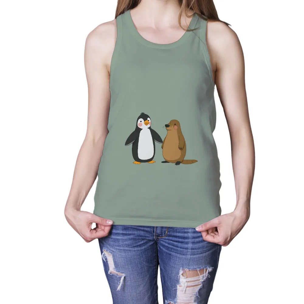 T-Shirts Pattern: Unlikely Friends - Pippin the Penguin and Marmie the Groundhog|cartoon character with star on shirt