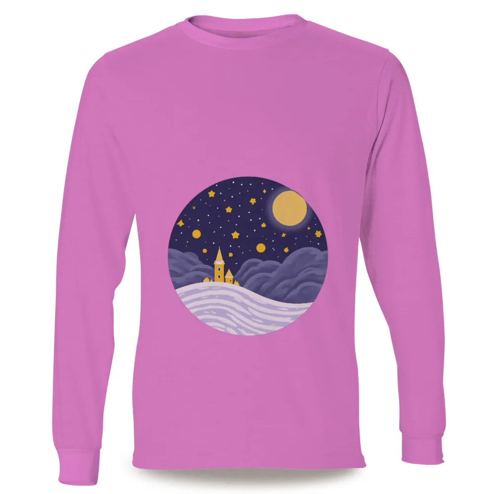 T-Shirts Design: Serene Winter Night Scene|Small village under a starry sky