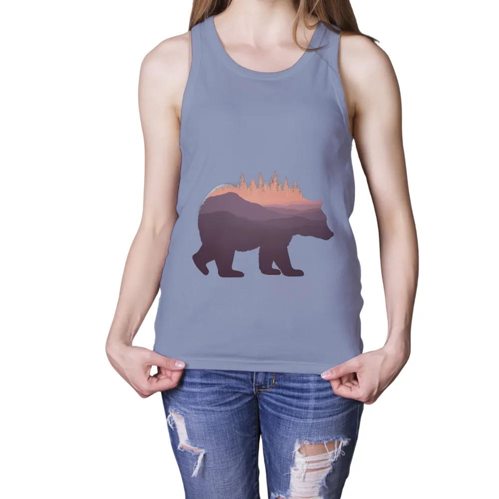 Graphic Tees: Bear Silhouette in Sunset Forest|mens short sleeve sun protection shirts