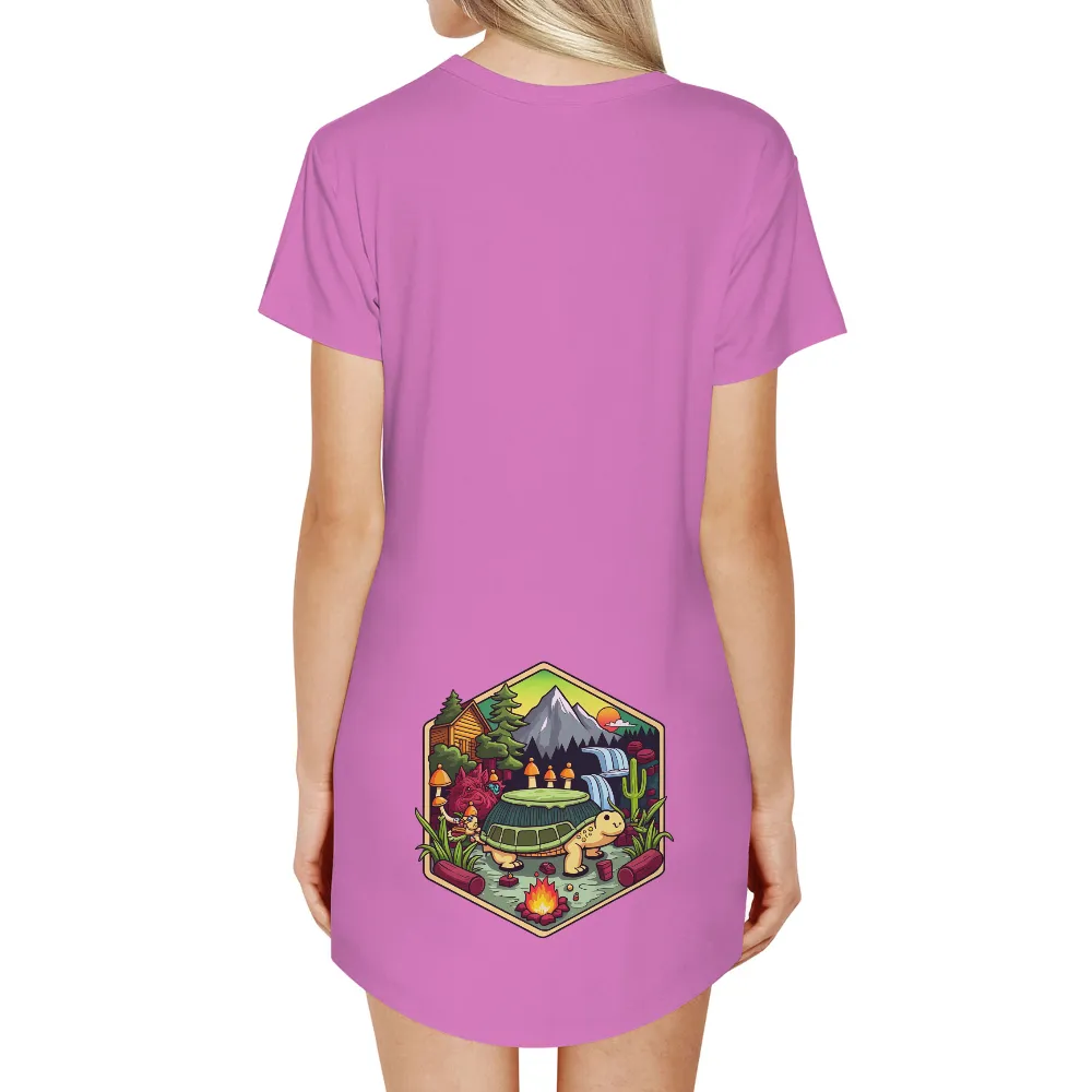 T-Shirts Design: Whimsical Turtle Cabin in the Forest| Waterfall cascading