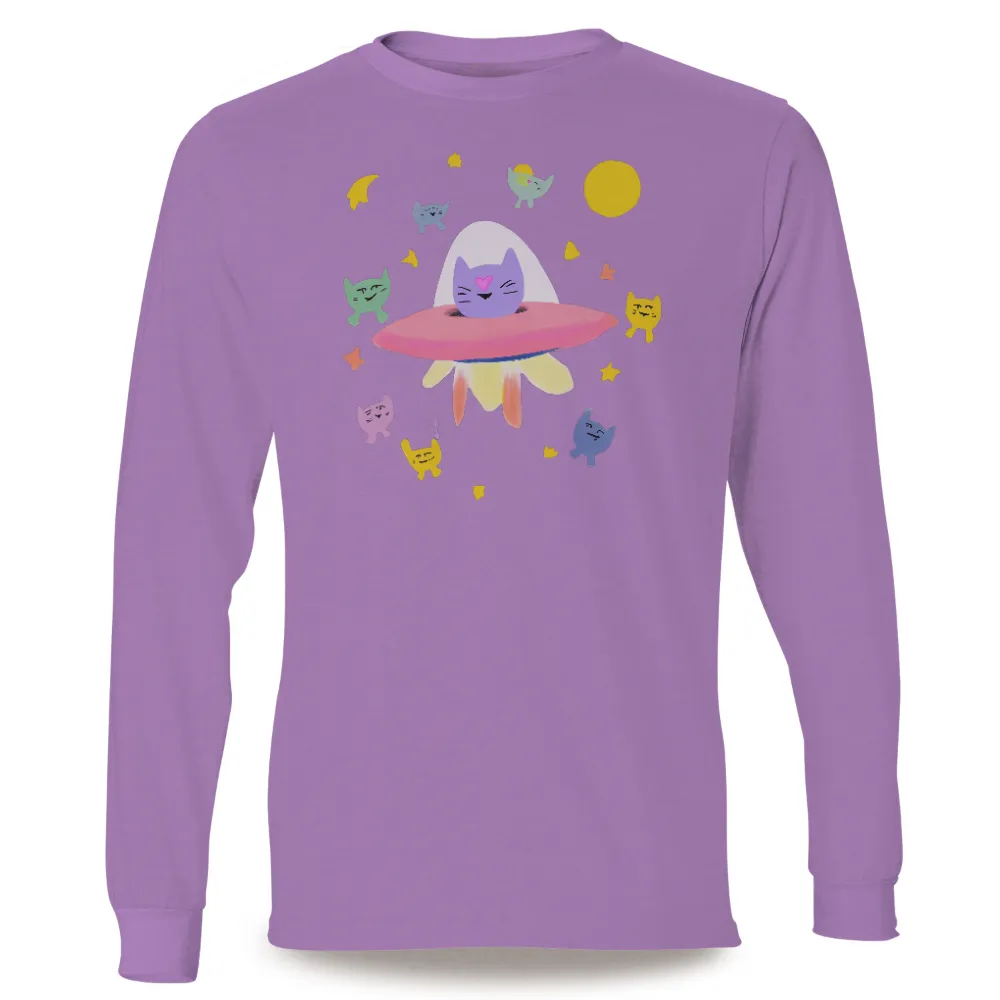 T-Shirts Design: Cosmic Adventure with Colorful Cats|Purple cat with a heart-shaped nose in a pink flying saucer