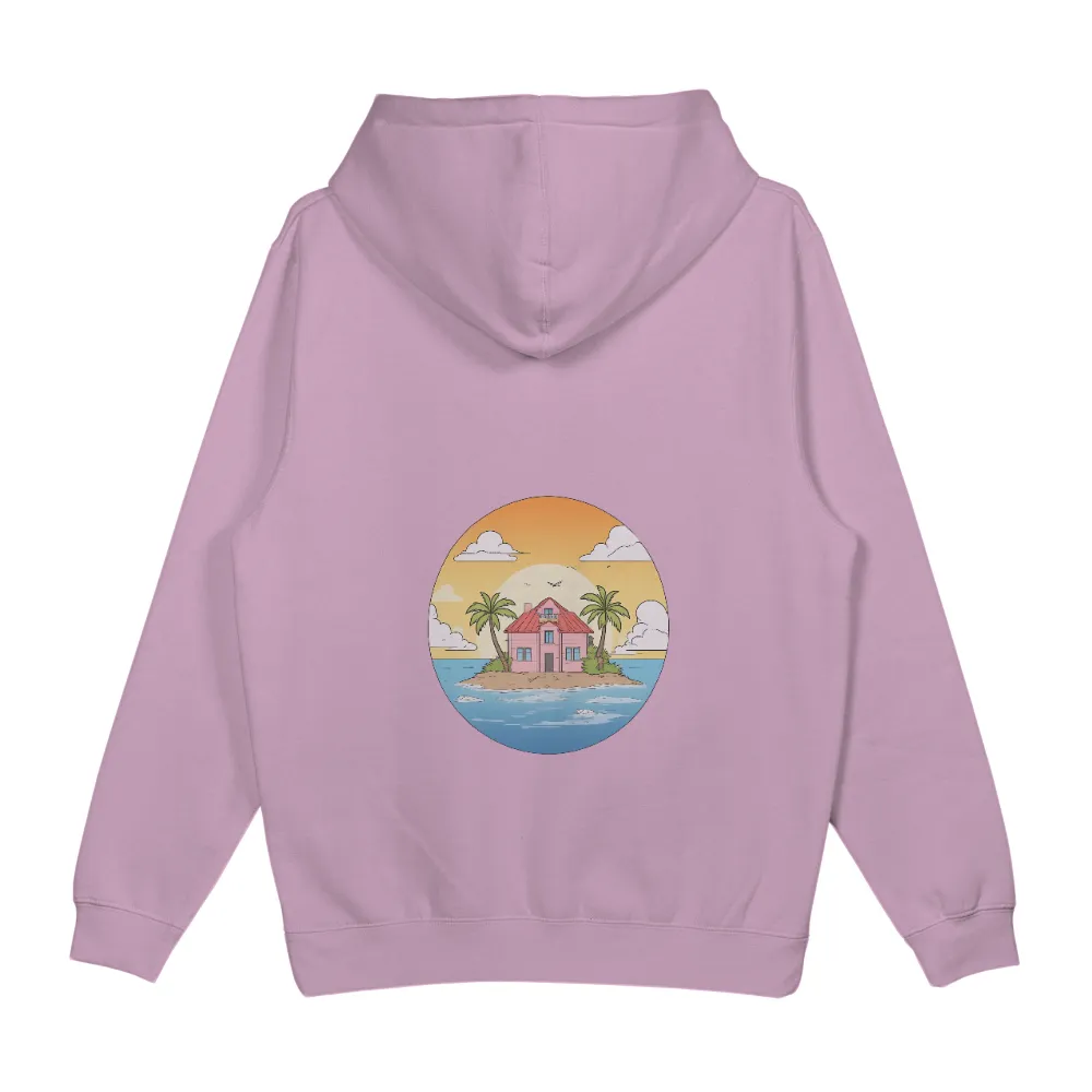 Custom Tee Shirts: Island Dream - Escape to Paradise|Charming pink house on a small island