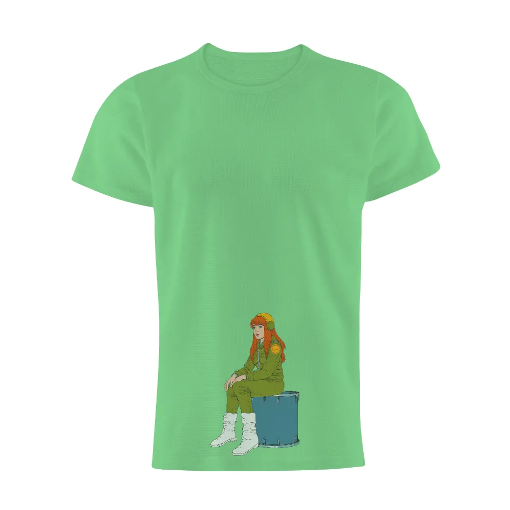 T-Shirts Pattern: Vintage Drummer with Red Hair and Green Jumpsuit|80's music tshirts