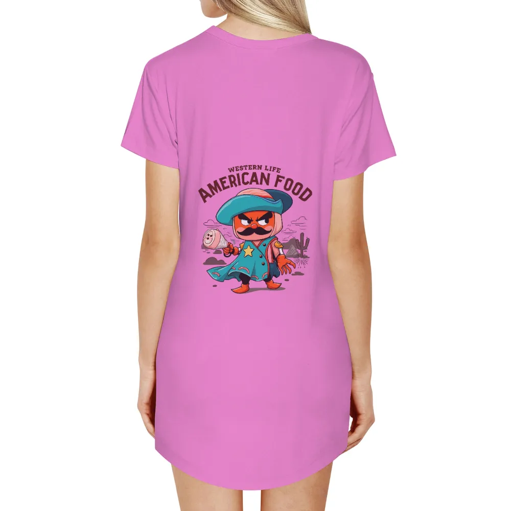 Custom T-Shirt Printing: Cowboy Spirit with American Food | Funny & Whimsical Design| Teal outfit with star on chest