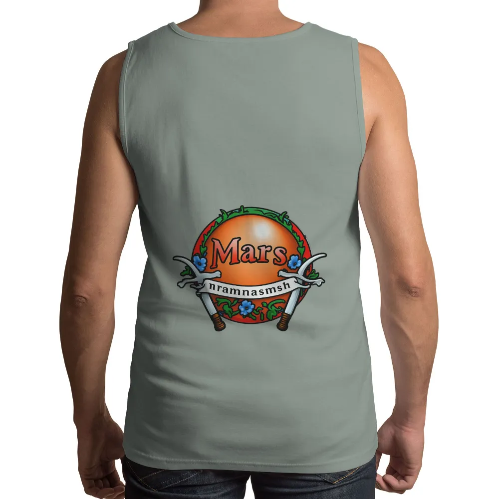 Custom T-Shirt Printing: Mars Adventure with Blue Flowers and Crossed Swords|bleached spirit shirts