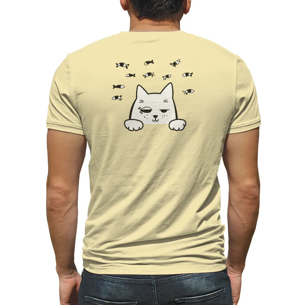 Graphic Tees: Playful White Cat with Fish - Whimsical Design|jordan space cat shirt