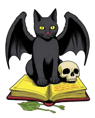 Gothic Art: Black Cat, Bat Wings, Open Book, and Skull Design