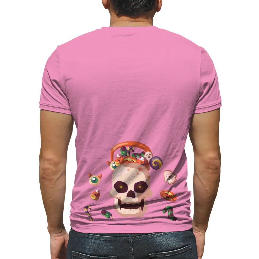 T-Shirts Design: Cheerful Skull Filled with Halloween Candy|men halloween t shirts for adults