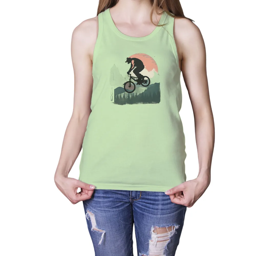 TShirt Design: Mountain Biking Adventure | Extreme Sports Apparel| sunset backdrop