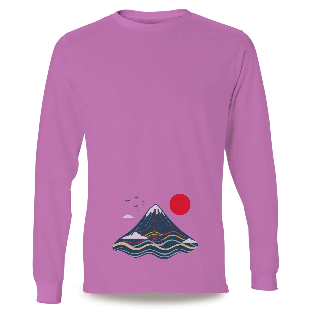 Tee Shirt Printing: Mount Fuji and the Red Sun - Artistic T-Shirts| Ocean waves in various shades of blue