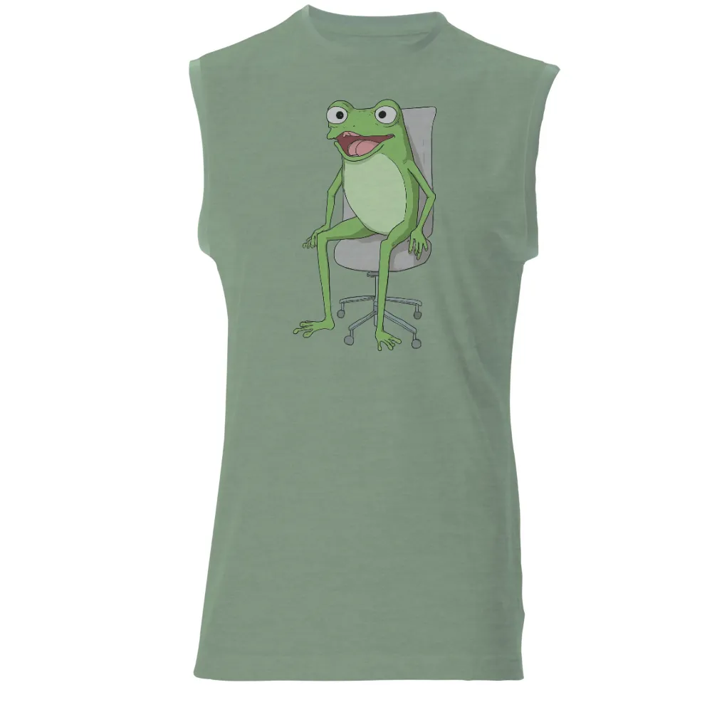 Graphic Tees: Cheerful Frog on Office Chair - Fun & Whimsical Design| Wide-eyed frog on an office chair