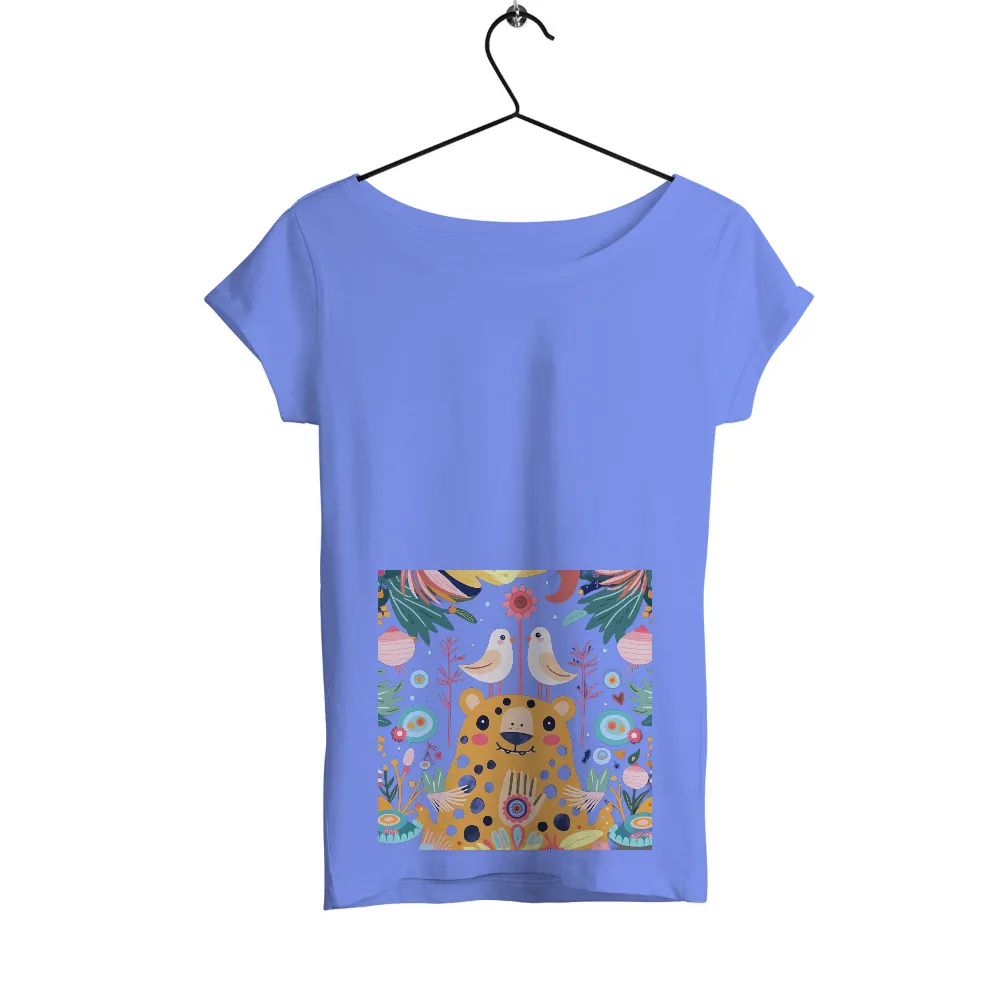 Custom T-Shirt Printing: Whimsical Leopard and Birds in a Magical Forest|reign forest fronds camp shirt