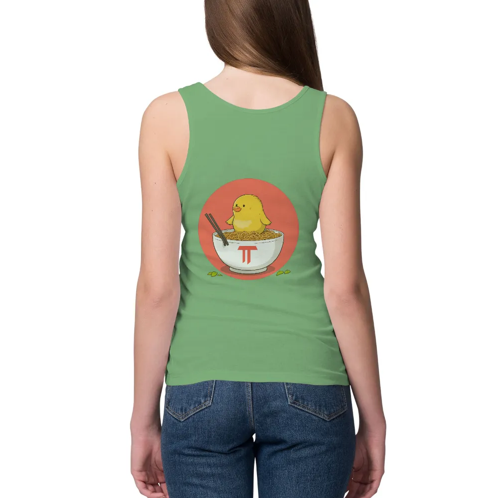 Custom T-Shirt Printing: Whimsical Chick on Noodles - Comfort Food Joy|cheerful chick