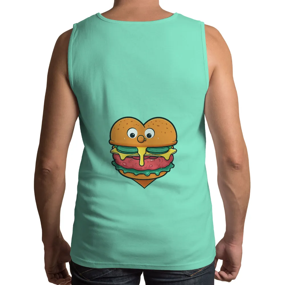 Customized Tee Shirts: Whimsical Heart Burger | Comfort Food Love|Heart-shaped burger with cheerful expression