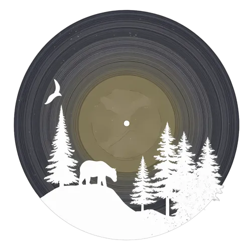 T-Shirts Design: Vintage Forest Night with Bear and Vinyl Grooves