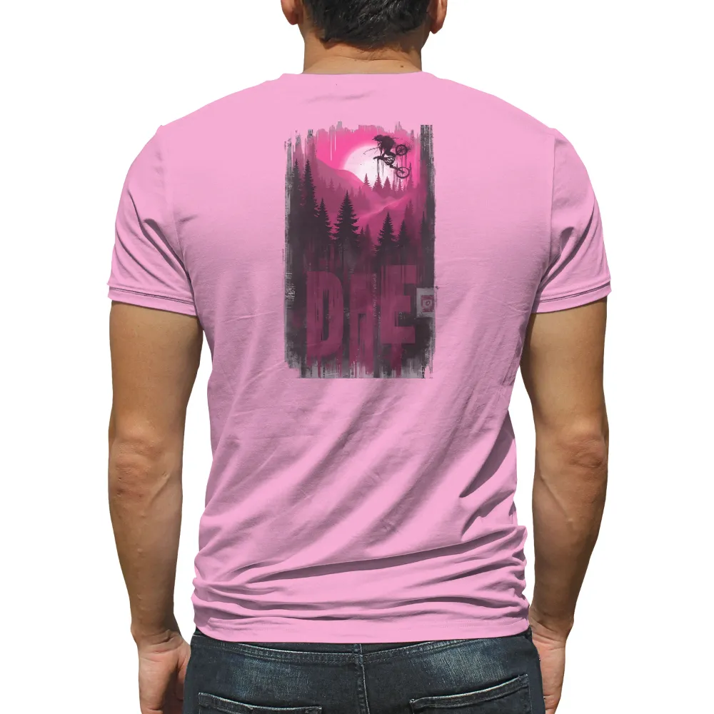 T-Shirts Pattern: Extreme Sports Adventure with Mountain Biking Silhouette| Pink sky over forest