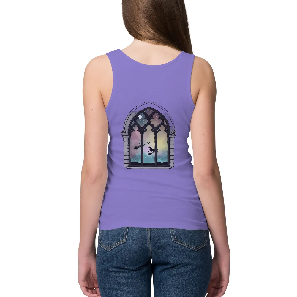 Custom T-Shirt Printing: Enchanted Gothic Window with Witch and Celestial Sky| witch flying on broomstick