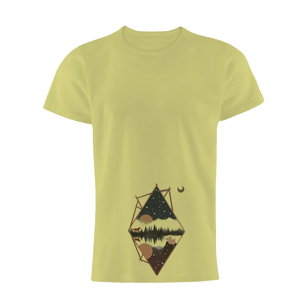 Shirts Graphic Tees | Night Scene with Fox and Bear| Geometric shapes framing natural elements