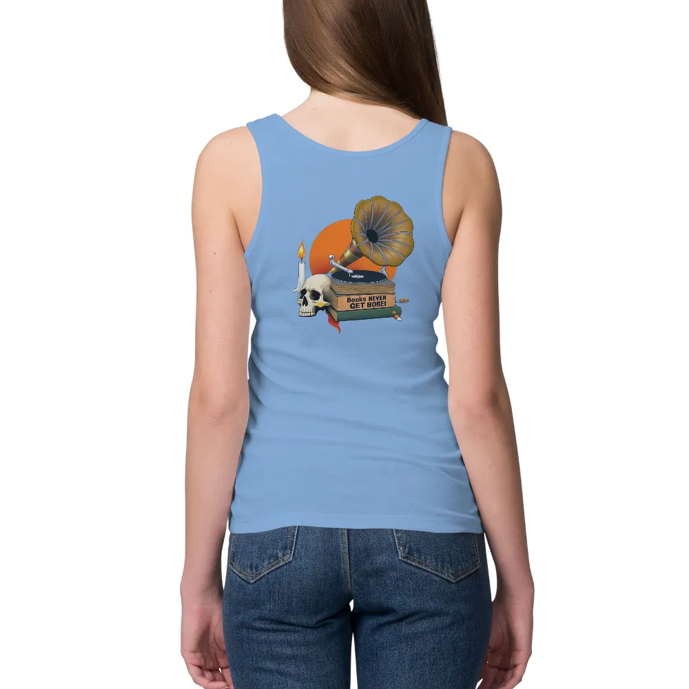 Custom T-Shirt Printing: Vintage Gramophone and Books - Never Get Bored!| Warm orange background