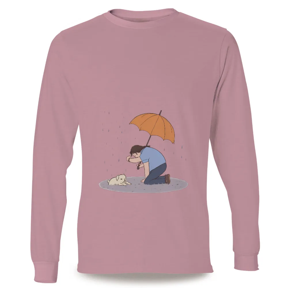 Tee Shirts Printed: Compassion Under the Rain | Heartwarming Design|Person kneeling with a puppy in the rain