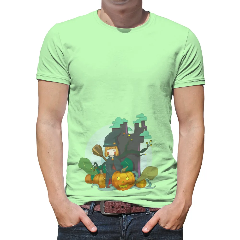 TShirt Design: Whimsical Witch's Halloween Adventure|vlone pumpkin shirt