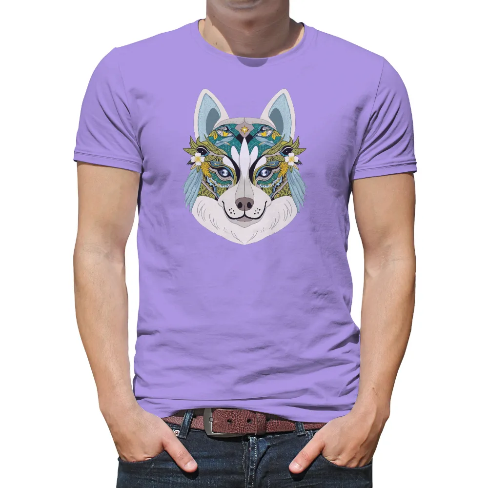 T-Shirts Custom: Embrace Your Wild Side with Vibrant Wolf Design| Geometric and floral motifs on a wolf