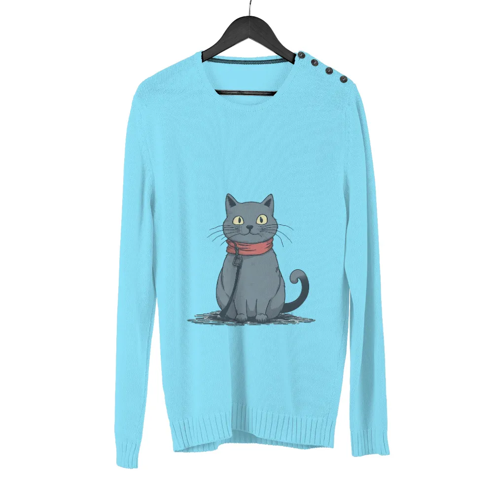 Charming Gray Cat with Yellow Eyes and Red Scarf Design|vintage 70s led zeppelin shirt