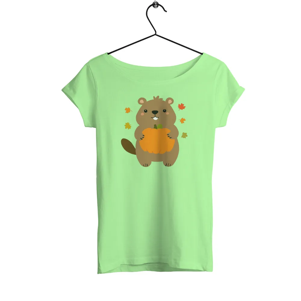 Tee Shirts Printed with Benny the Beaver Holding a Pumpkin|t shirt painting on nature