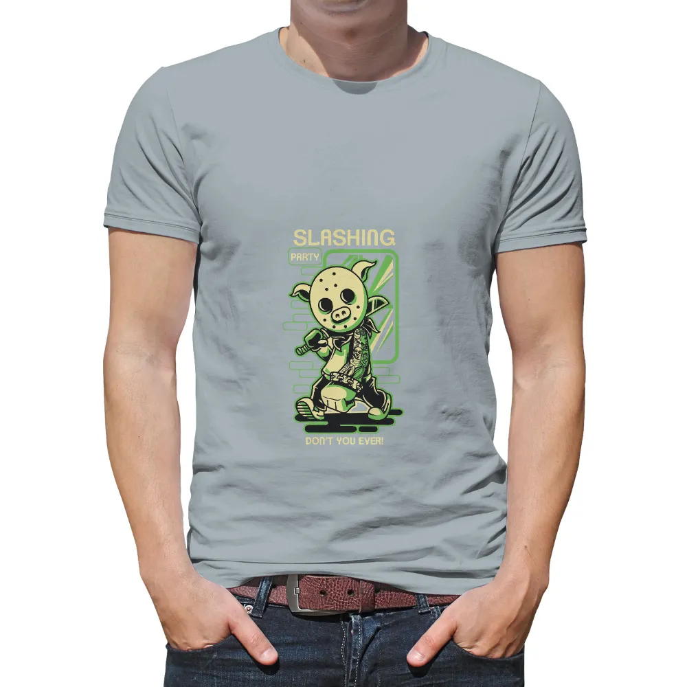 T-Shirts Design: Cute Horror Pig with Hockey Mask and Microphone|custom name cartoon t shirt