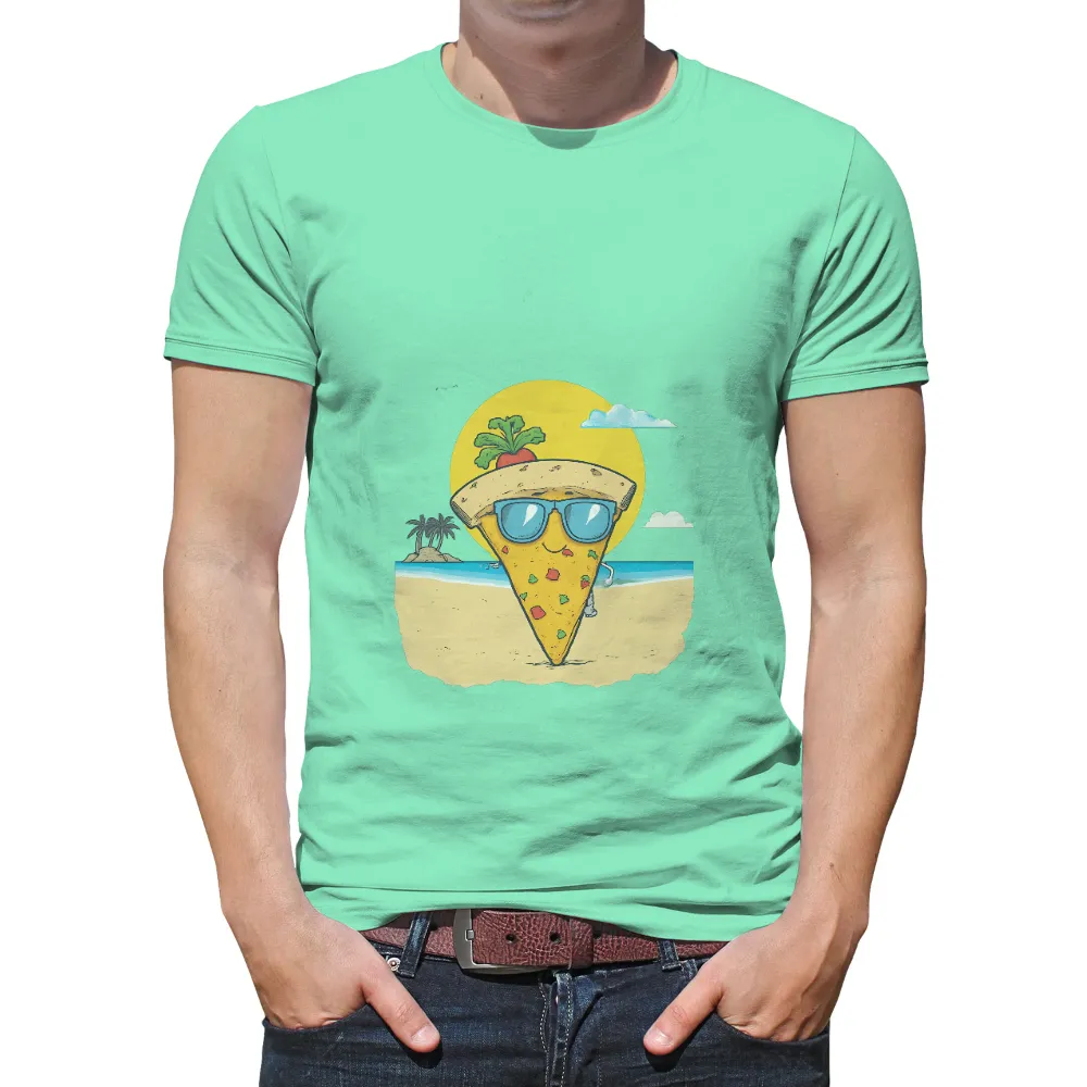 T-Shirts Custom: Beach Pizza Slice with Sunglasses and Radish Hat|mens baggy summer shirts