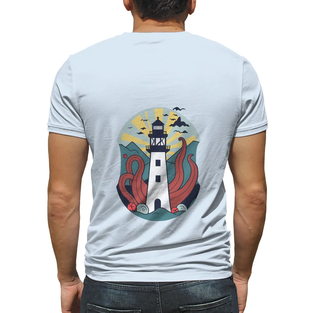 Shirts Graphic Tees: Lighthouse & Tentacles - Nautical Mythology| Mountains in the background