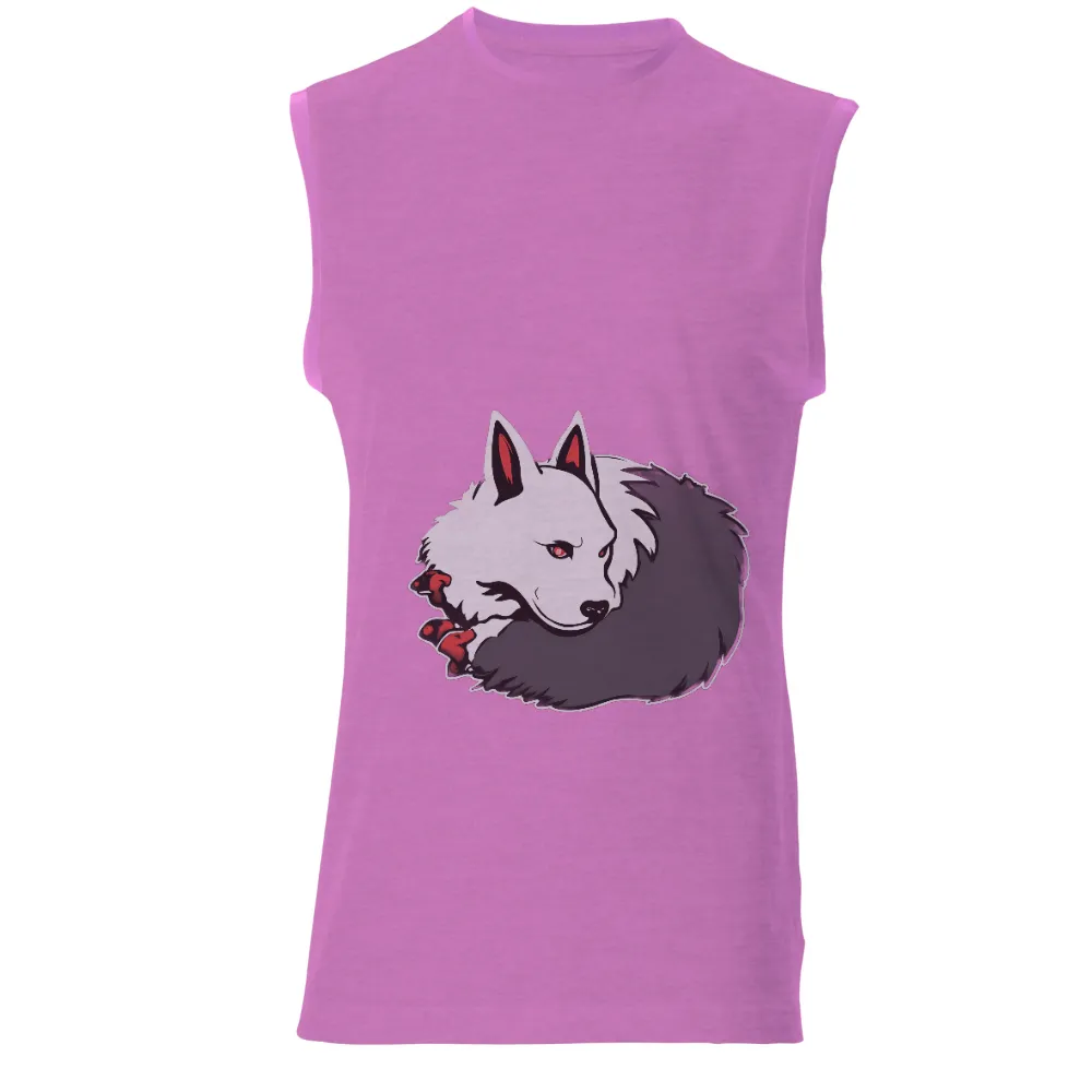 T-Shirts Pattern: Enigmatic Wolf with Red Eyes|white and black fur