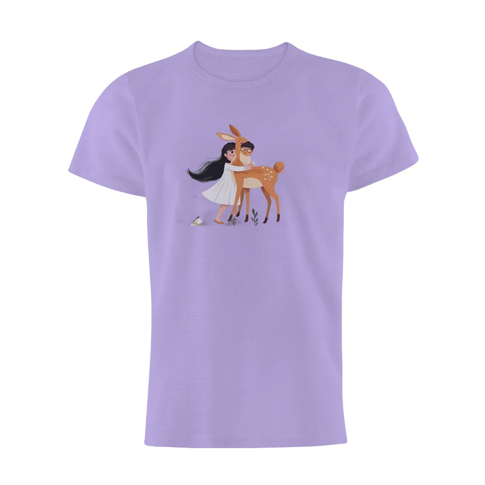 Custom T-Shirt Printing: Nature's Bond - Girl and Deer Embrace|t shirt time red deer